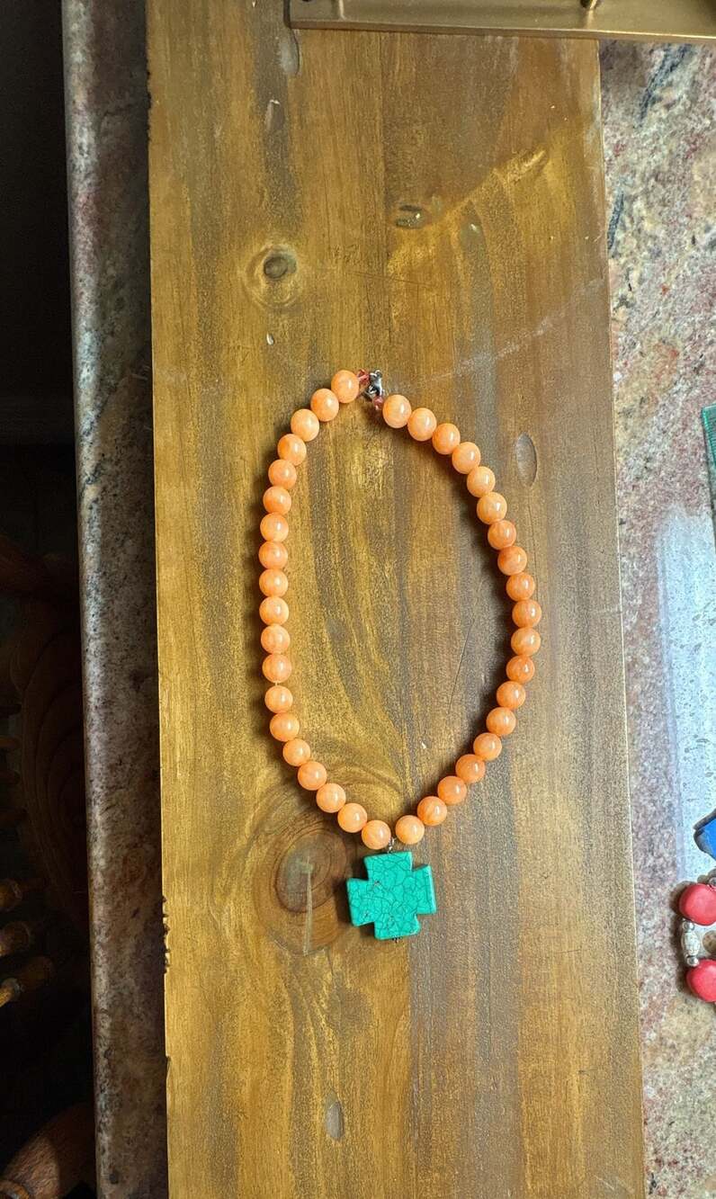 Handmade Peach Beaded Necklace with Turquoise Cross Pendant